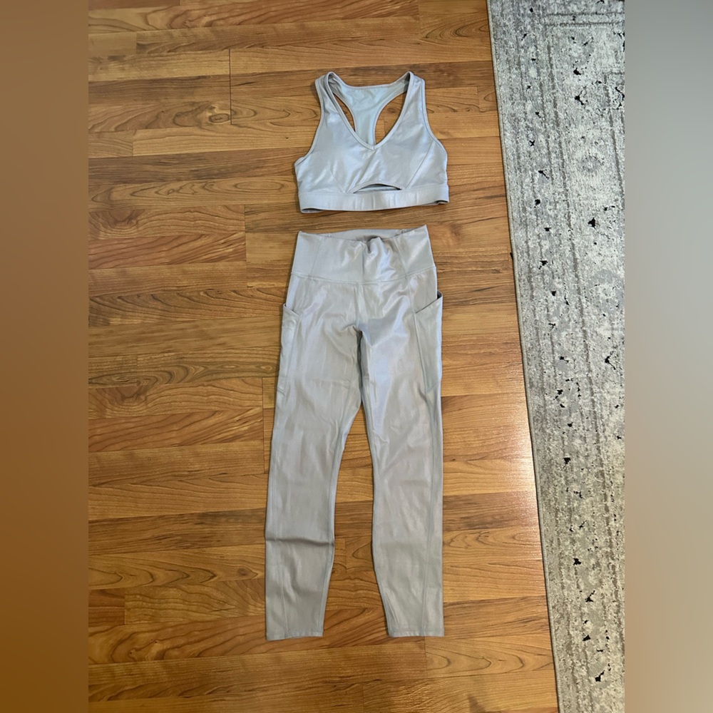 Gray shiny Fabletics legging and sports bra set